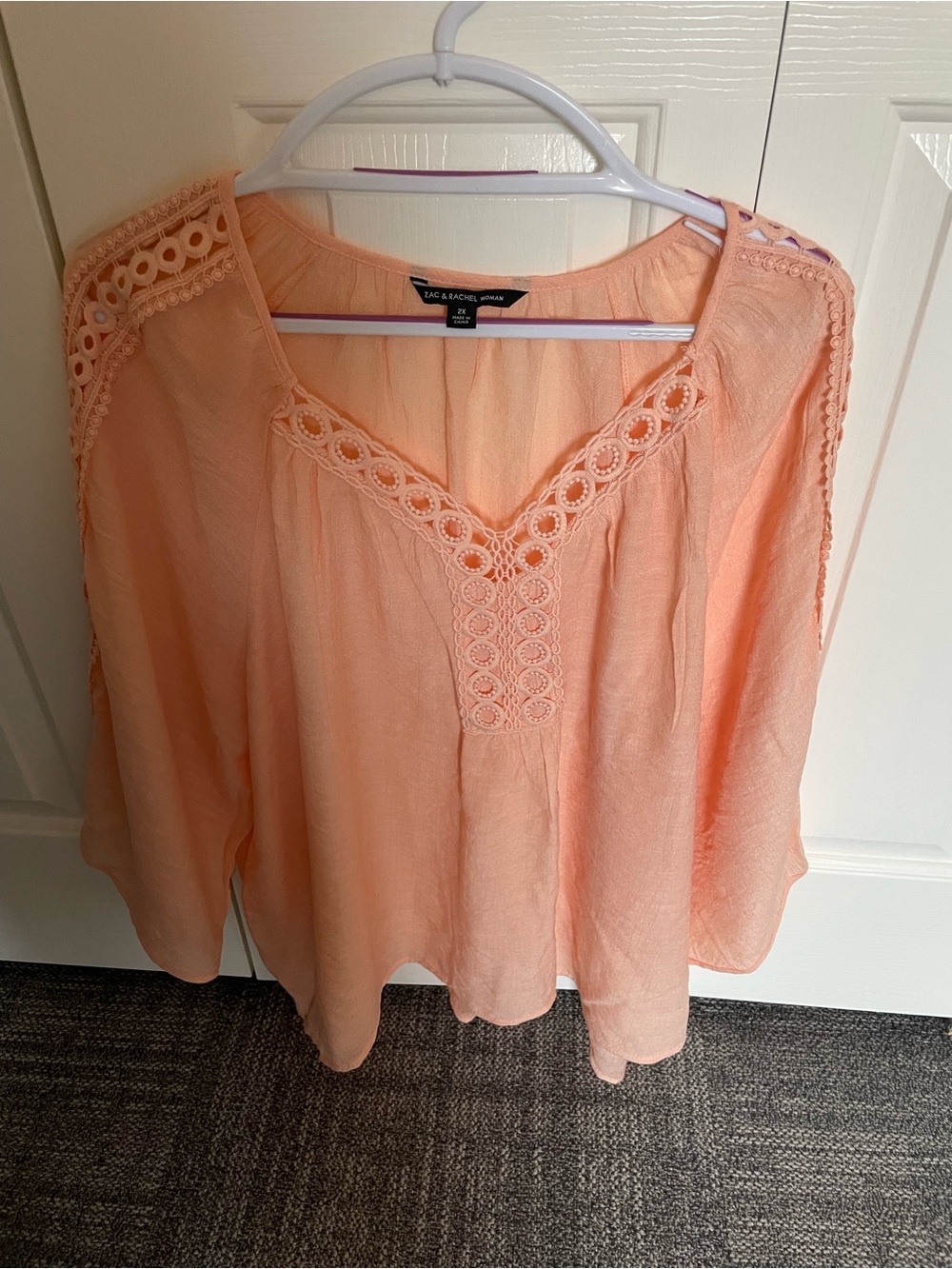 Zac & Rachel Peach Crochet-Trim Peasant Top Coral/Peach 2X